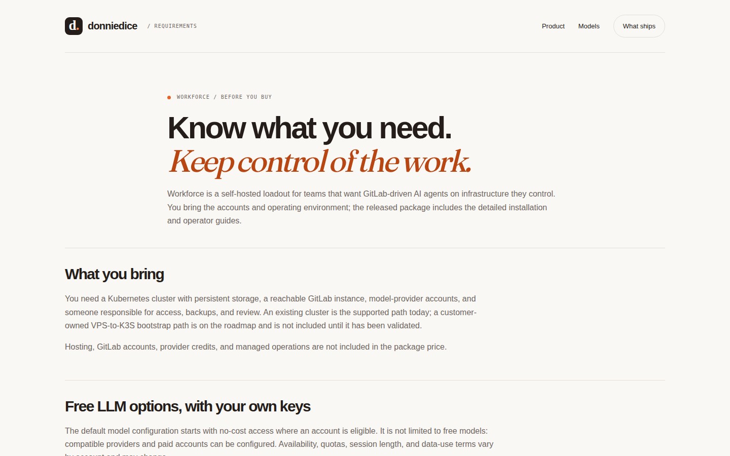 donniedice workforce setup requirements page captured at a desktop viewport