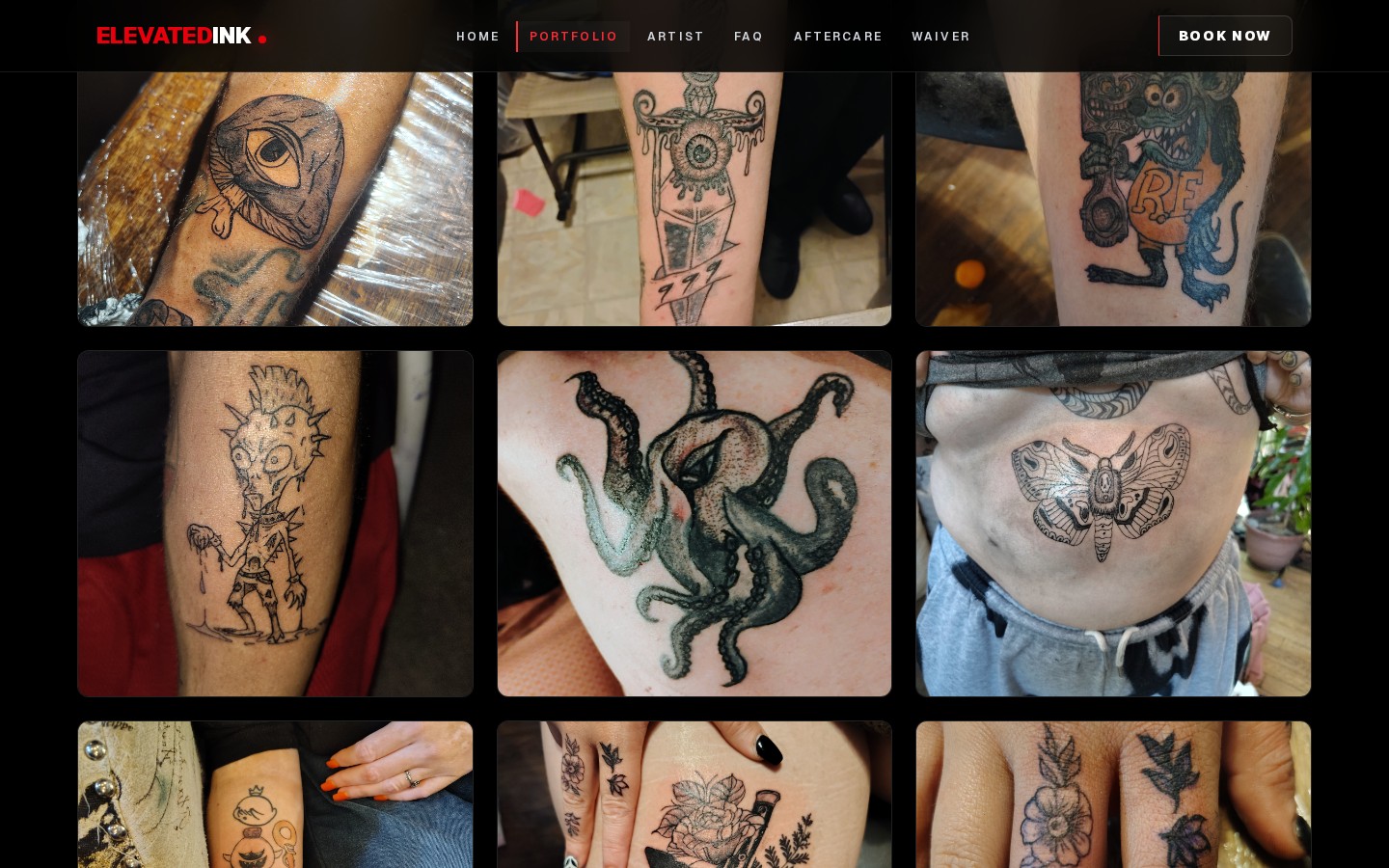 Elevated Inkness tattoo portfolio captured from the live desktop site
