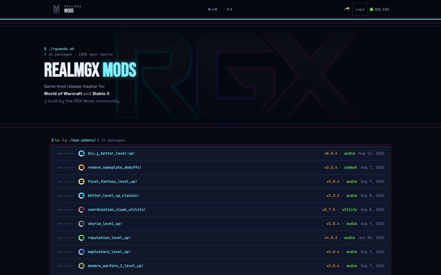 Desktop screenshot of the rgxmods.com website