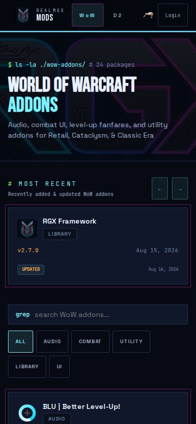 RGX Mods live World of Warcraft addon catalog captured at a mobile viewport